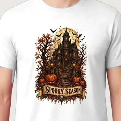 Koszulka męska biała nawiedzony dom dynie Halloween prezent