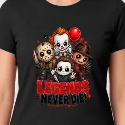 Koszulka damska czarna Halloween chibi ikony horroru śmieszna prezent