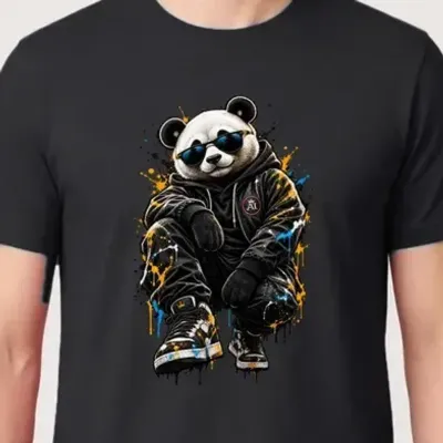 Koszulka męska czarna z pandą w okularach streetwear śmieszna prezent