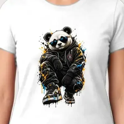 Koszulka damska biała z pandą w okularach streetwear śmieszna prezent
