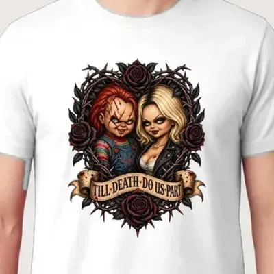 Koszulka męska biała Halloween Chucky i Tiffany lalki prezent