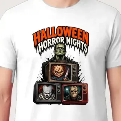 Koszulka męska biała Halloween Frankenstein telewizory horror prezent