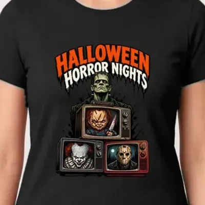 Koszulka damska czarna Halloween Frankenstein telewizory horror prezent