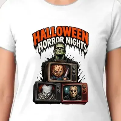 Koszulka damska biała Halloween Frankenstein telewizory horror prezent