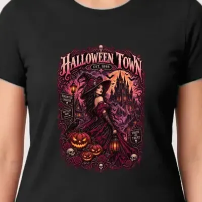 Koszulka damska czarna Halloween czarownica zamek dynie prezent