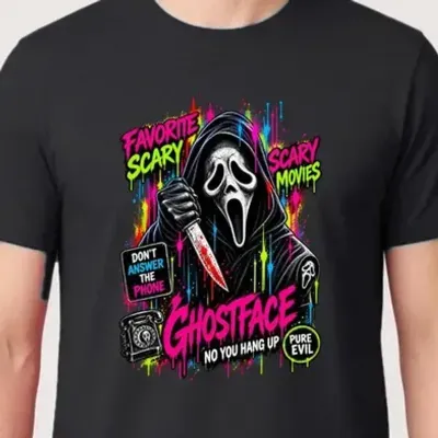 Koszulka męska czarna Halloween Ghostface neonowa maska prezent