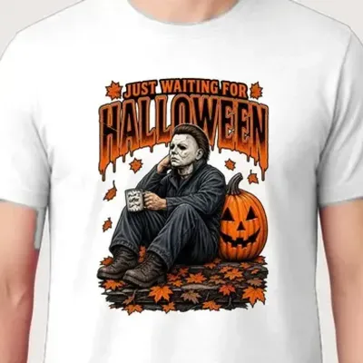 Koszulka męska biała Halloween morderca z maską dynia prezent