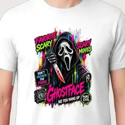 Koszulka męska biała Halloween Ghostface neonowa maska prezent