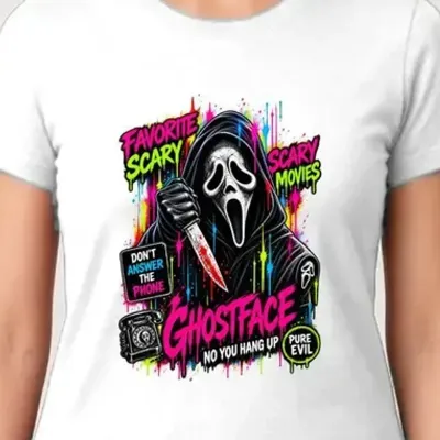 Koszulka damska biała Halloween Ghostface neonowa maska prezent