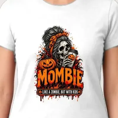Koszulka damska biała Halloween mama czaszka z kawą śmieszna prezent