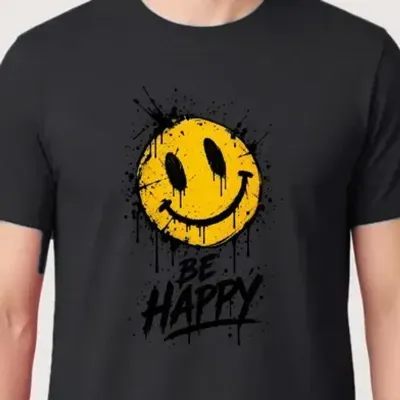 Koszulka męska czarna z uśmiechniętą buźką be happy pozytywna