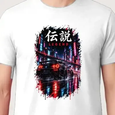 Koszulka męska biała z samochodem Nissan GTR cyberpunk prezent