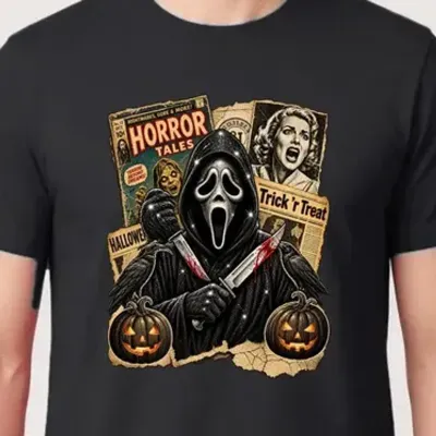 Koszulka męska czarna Halloween Ghostface vintage gazety grozy prezent
