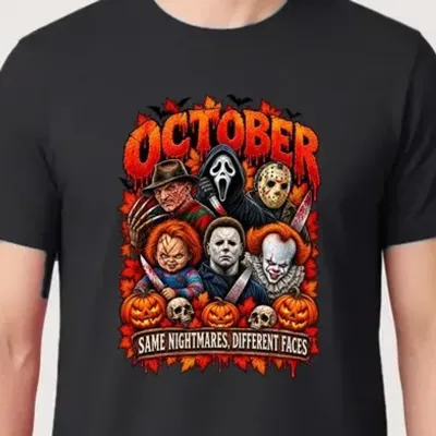 Koszulka męska czarna Halloween postacie z horrorów październik prezent