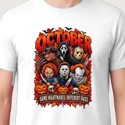 Koszulka męska biała Halloween postacie z horrorów październik prezent