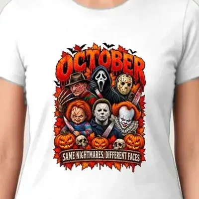 Koszulka damska biała Halloween postacie z horrorów październik prezent