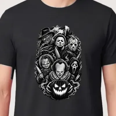 Koszulka męska czarna Halloween kolaż ikon horroru dynia prezent