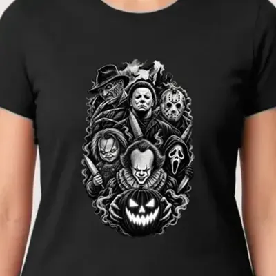 Koszulka damska czarna Halloween kolaż ikon horroru dynia prezent