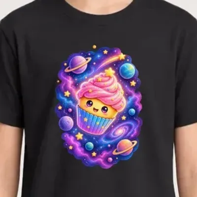 Koszulka ze słodyczami dla dziewczynki czarna cupcake wśród gwiazd