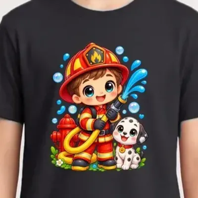Koszulka ze strażakiem dla chłopca czarna słodki styl kawaii