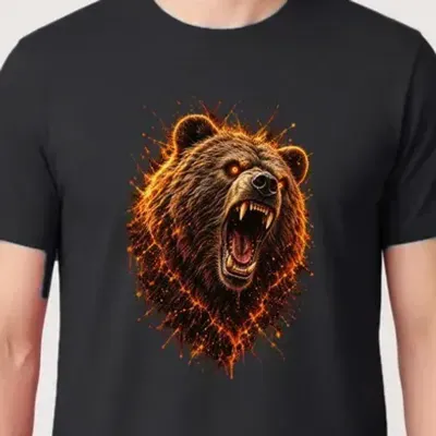 Koszulka męska czarna z niedźwiedziem grizzly ognisty nadruk