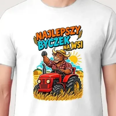 Koszulka męska biała najlepszy byczek na wsi byk na traktorze rolnik