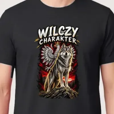 Koszulka męska czarna wilczy charakter wilk z orłem prezent