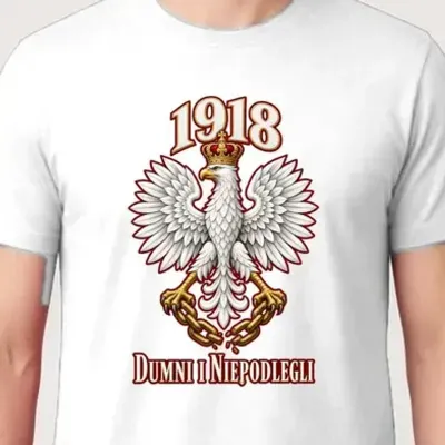 Koszulka męska biała dumni i niepodlegli orzeł 1918 patriotyczna