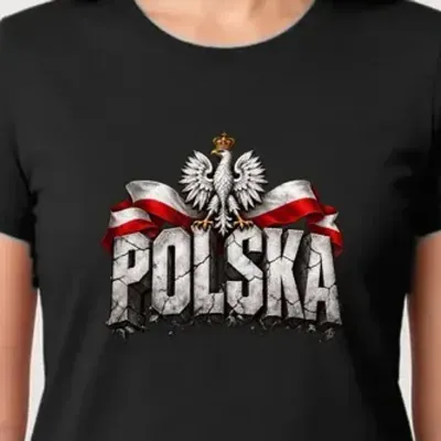 Koszulka damska czarna Polska orzeł kamienne litery patriotyczna