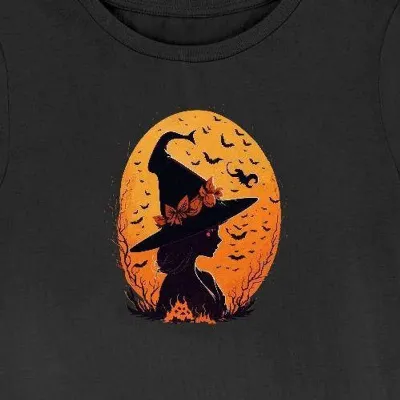 Koszulka damska na Halloween z wiedźmą i nietoperzami czarna