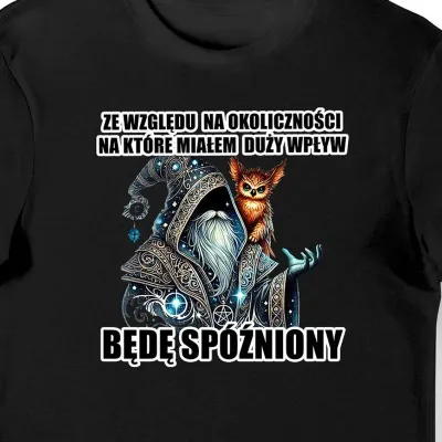 Koszulka męska z Czarodziejem "BĘDĘ SPÓŹNIONY" czarna