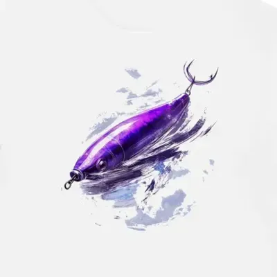 Koszulka męska biała z motywem purpurowego przynęty rybackiej